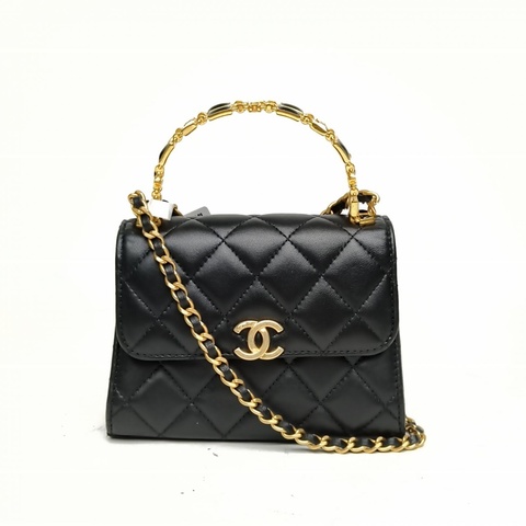 CHANEL 22B手柄Kelly包黑色羊皮鐳射標金扣琺瑯金屬手柄
