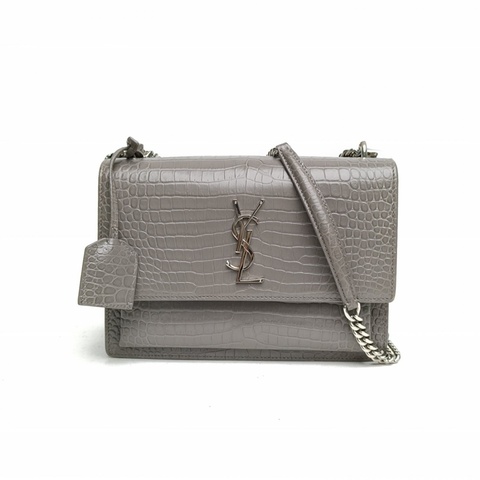 SAINT LAURENT SUNSET日落包中號鱷魚壓紋灰色牛皮銀扣
