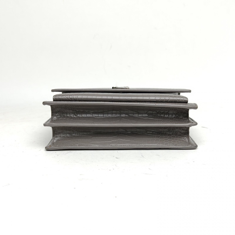 SAINT LAURENT SUNSET日落包中號鱷魚壓紋灰色牛皮銀扣-3