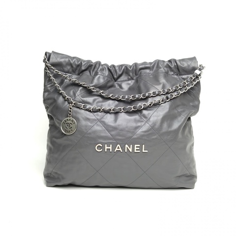 CHANEL 22BagTote托特包中號灰色牛皮晶片開銀扣