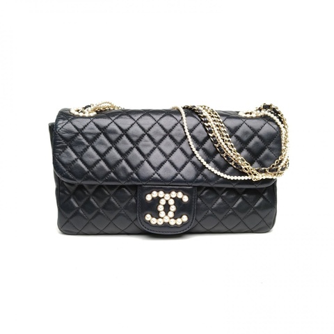 CHANEL CF季節款口蓋包珍珠鏈條包黑色羊皮16開金扣