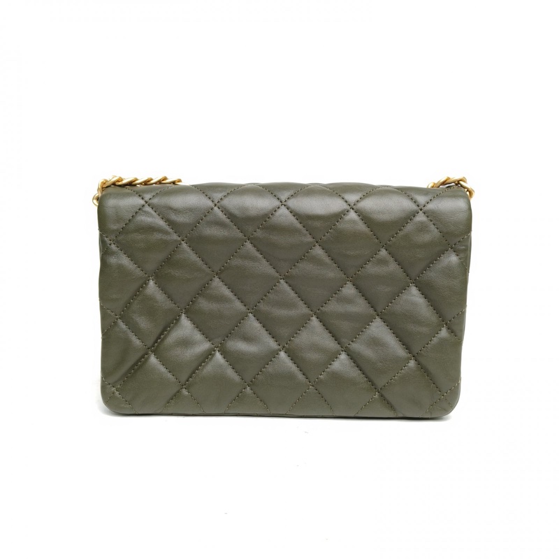 CHANEL 22K口蓋風琴包綠色羊皮晶片金扣金柱調節扣鏈條-2