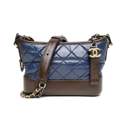 CHANEL GABRIELLE流浪小號藍色牛皮26開金銀扣棕底