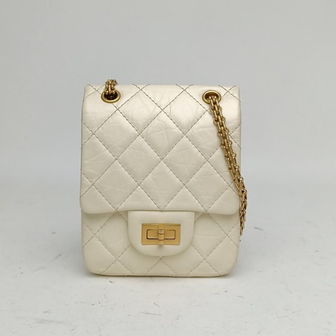 CHANEL 2.55翻蓋鏈條手機包白色牛皮30開金扣