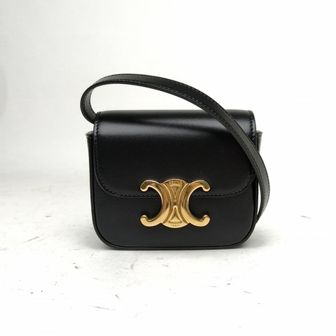 CELINE Triomphe凱旋門金屬鎖扣Mini黑色牛皮金扣