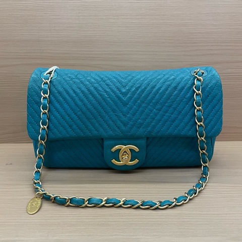 NO:D39 Chanel香奈儿 CF中号 蓝色金链 V纹牛皮 20開 單肩斜挎鏈條包 有塵袋 無卡無盒子尺寸底長26*高15*寬6*