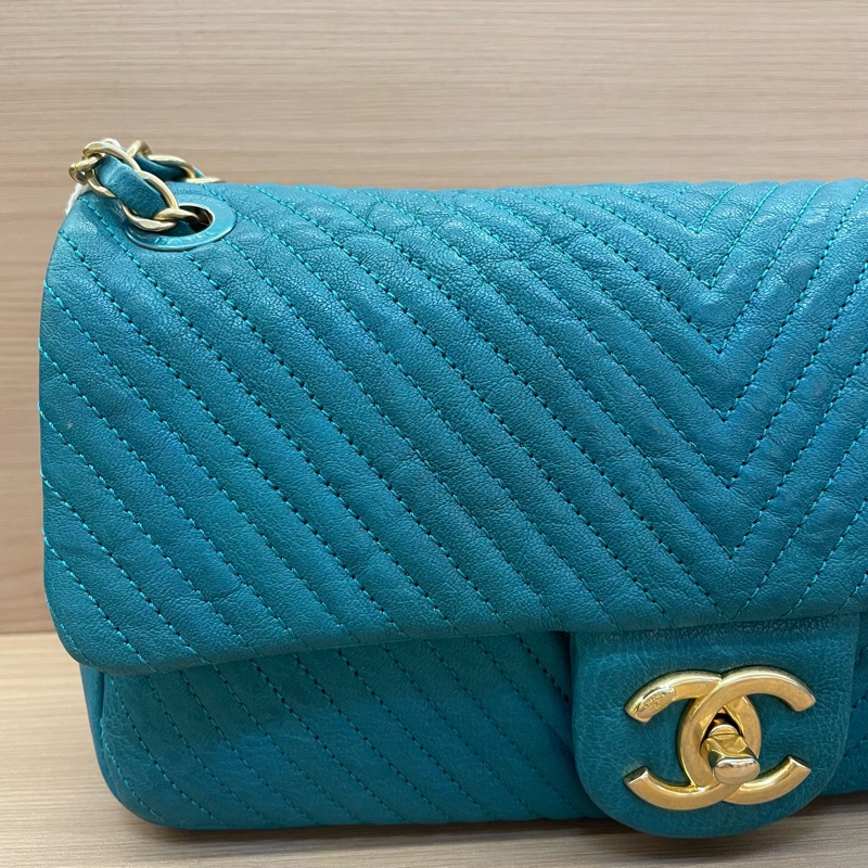 NO:D39 Chanel香奈儿 CF中号 蓝色金链 V纹牛皮 20開 單肩斜挎鏈條包 有塵袋 無卡無盒子尺寸底長26*高15*寬6*-5