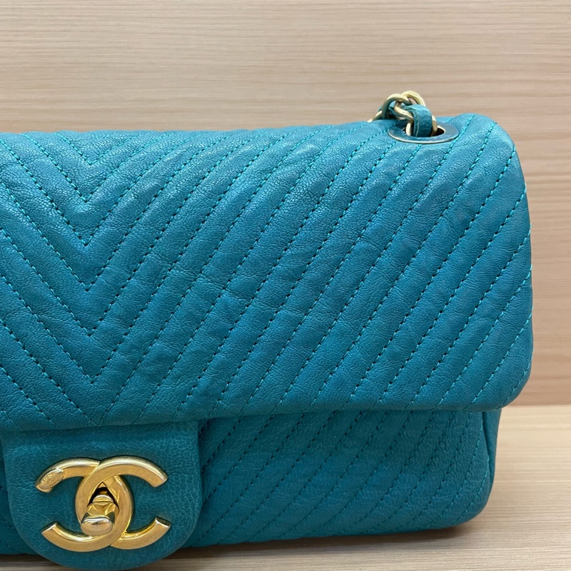 NO:D39 Chanel香奈儿 CF中号 蓝色金链 V纹牛皮 20開 單肩斜挎鏈條包 有塵袋 無卡無盒子尺寸底長26*高15*寬6*-6