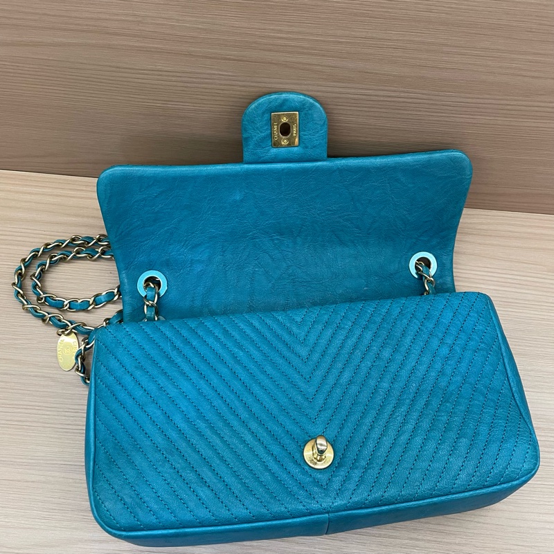 NO:D39 Chanel香奈儿 CF中号 蓝色金链 V纹牛皮 20開 單肩斜挎鏈條包 有塵袋 無卡無盒子尺寸底長26*高15*寬6*-10