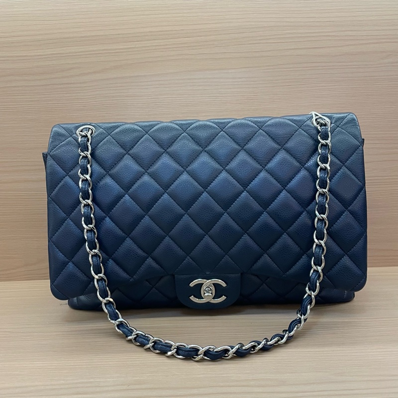 Chanel CF 深藍色羊皮 單肩斜挎鏈條包 大號 2011年 15開 有塵袋 無卡無盒子 尺寸低長33*高21*寬10*-0