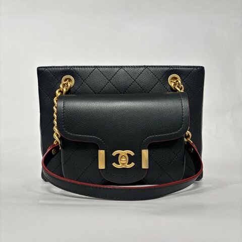 香奈兒CHANEL荔枝紋皮革鍊條托特手提/肩背包(黑)