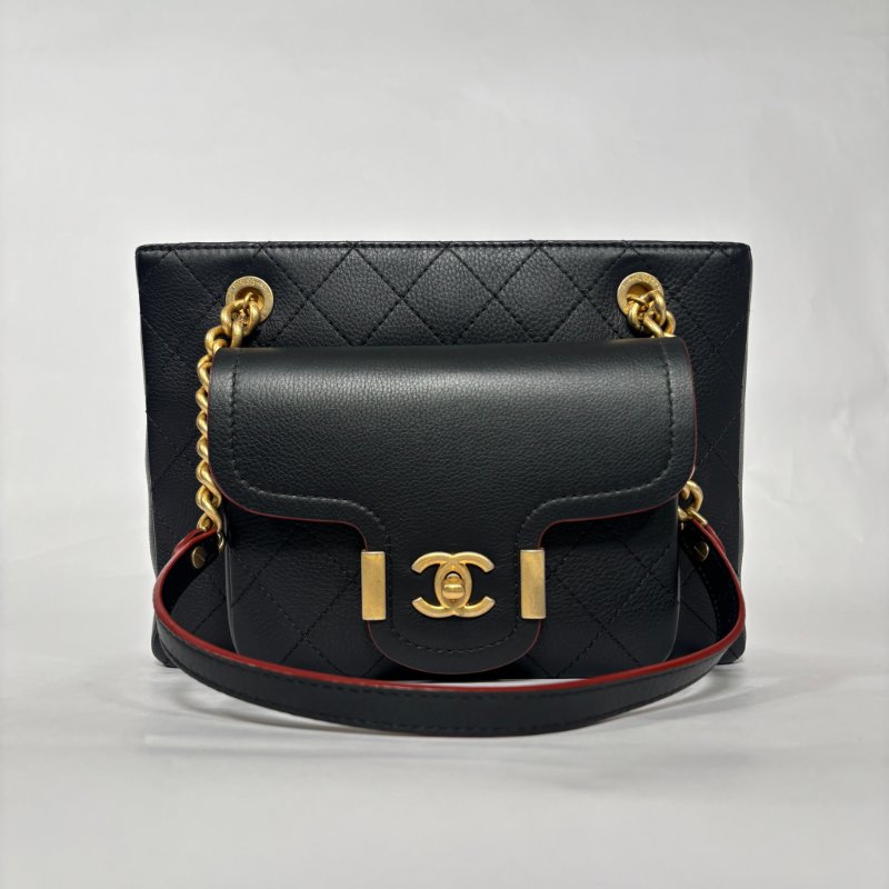 香奈兒CHANEL荔枝紋皮革鍊條托特手提/肩背包(黑)-0