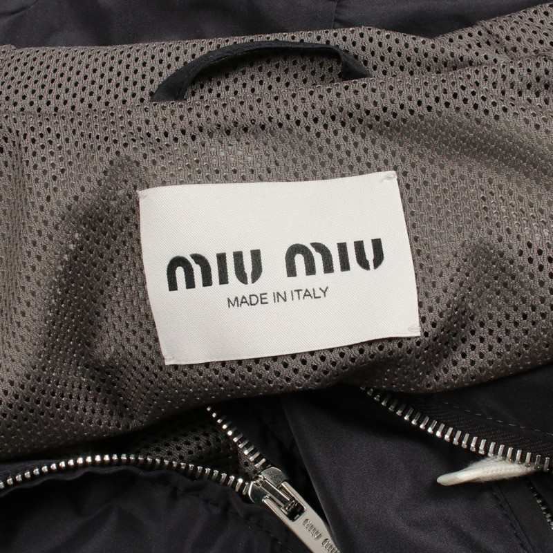 Miu Miu 技術絲綢拉鍊短款連帽衫 #42 聚酯纖維 海軍藍 灰色 二手 女款-2