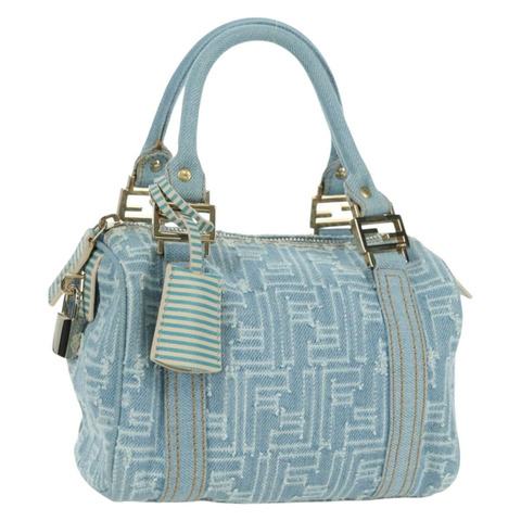 FENDI Zucca帆布迷你波士頓包，淺藍色，金色，正品 INZ017SAV