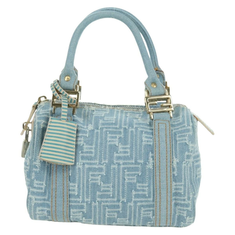 【日本直送】FENDI Zucca帆布迷你波士頓包,淺藍色,金色,正品 INZ017SAV-12