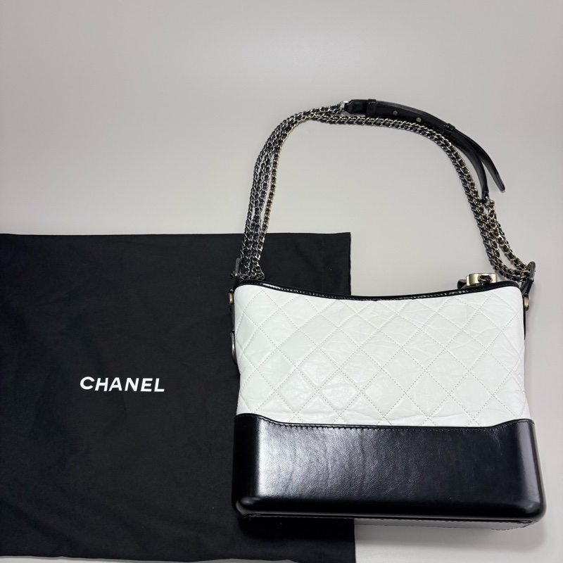 CHANEL香奈兒黑白拼色牛皮流浪鏈條單肩包 斜挎包 中號-0