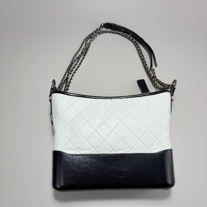 CHANEL香奈兒黑白拼色牛皮流浪鏈條單肩包 斜挎包 中號-1
