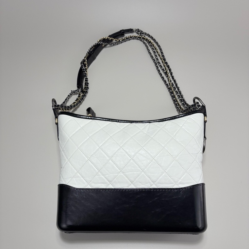 CHANEL香奈兒黑白拼色牛皮流浪鏈條單肩包 斜挎包 中號-2