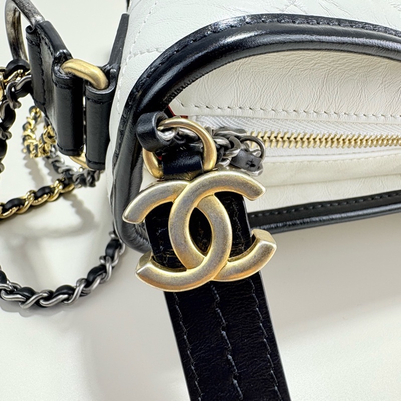 CHANEL香奈兒黑白拼色牛皮流浪鏈條單肩包 斜挎包 中號-5