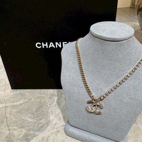 Chanel 24P雙層鏈條拼接水鑽菱格紋雙C金色鏈條