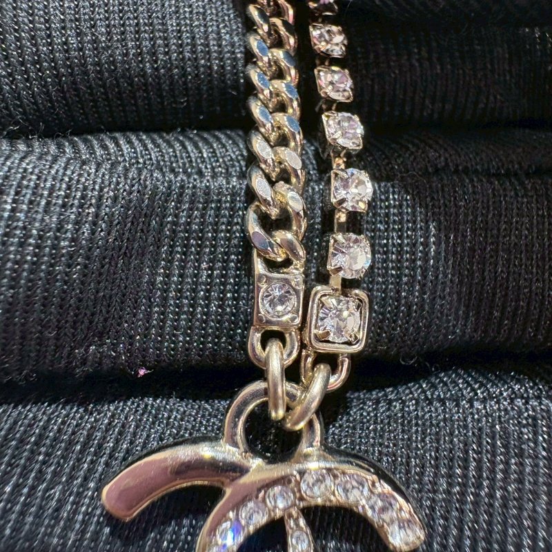 Chanel 24P雙層鏈條拼接水鑽菱格紋雙C金色鏈條-6