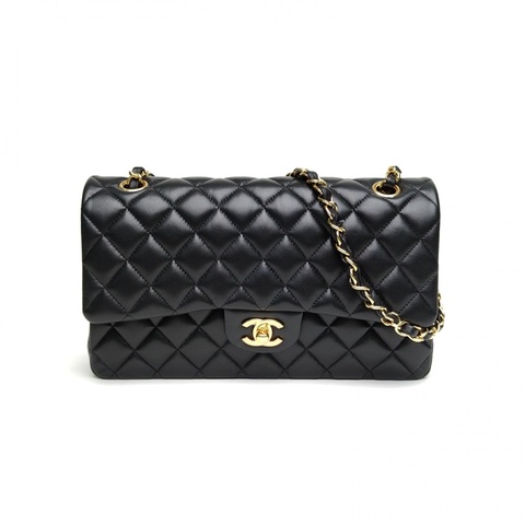 CHANEL CF口蓋包中號25.5cm羊皮24開金扣黑色菱格紋