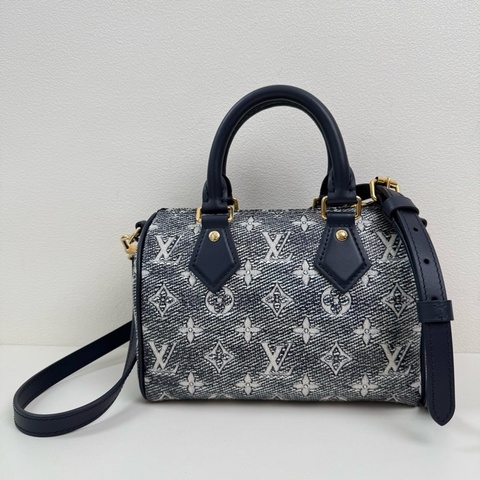 Louis Vuitton/路易威登 speedy  海軍藍老花斜挎包  金扣 配件：肩帶