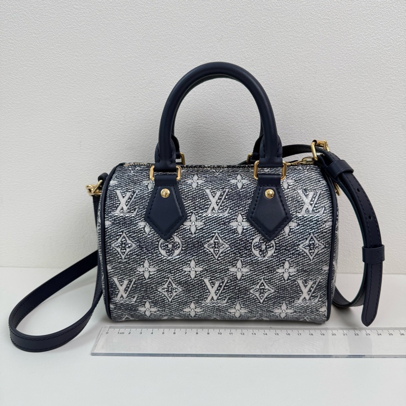 Louis Vuitton/路易威登 speedy 海軍藍老花斜挎包 金扣 配件:肩帶-1