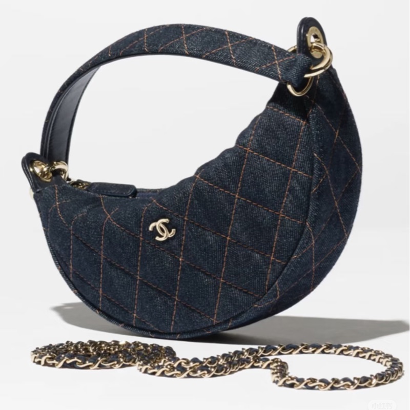 Chanel 牛仔外縫彎月hobo bag.雙鏈Handle 🌙全新品 飯盒包-0