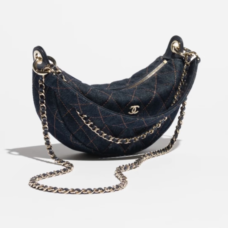 Chanel 牛仔外縫彎月hobo bag.雙鏈Handle 🌙全新品 飯盒包-1