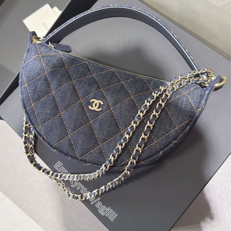 Chanel 牛仔外縫彎月hobo bag.雙鏈Handle 🌙全新品 飯盒包-2