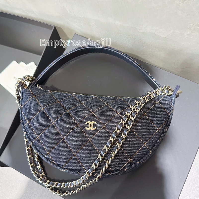 Chanel 牛仔外縫彎月hobo bag.雙鏈Handle 🌙全新品 飯盒包-3
