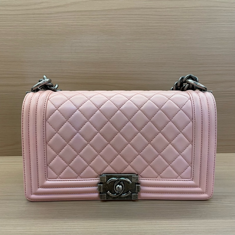 Chanel  LEBOY 淺粉色牛皮 中號 2015年 20開 手提單肩鏈條包 有塵袋 無卡無盒子尺寸底長25*高14*寬8*-0