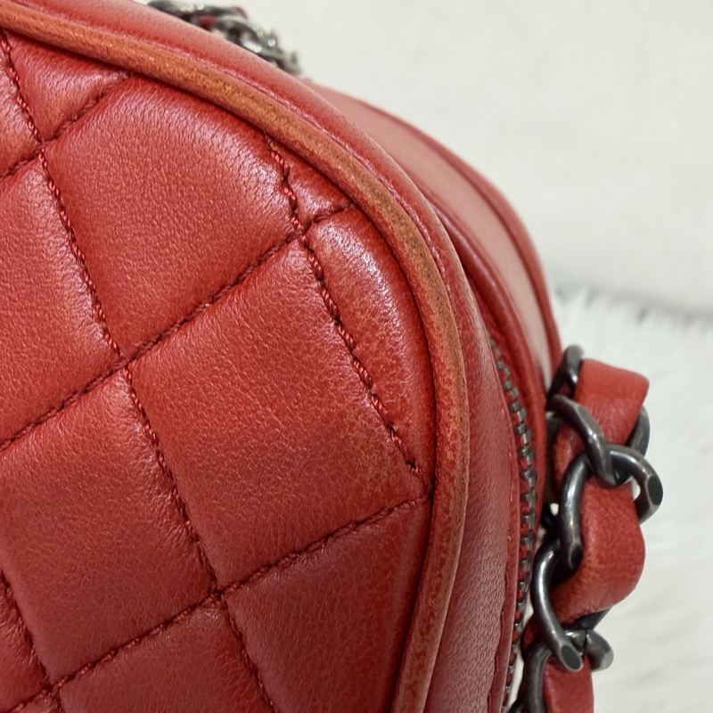 CHANEL BOY CAMERA COCO 19 紅色 暗紅 牛皮 復古銀鍊 相機包肩背包手機包斜背包拉鍊包-61