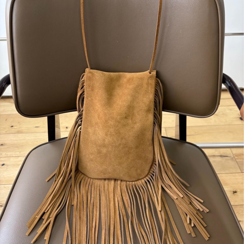 未使用閒置品YSL聖羅蘭 駝色波西米亞柔軟麂皮流蘇斜挎包-2