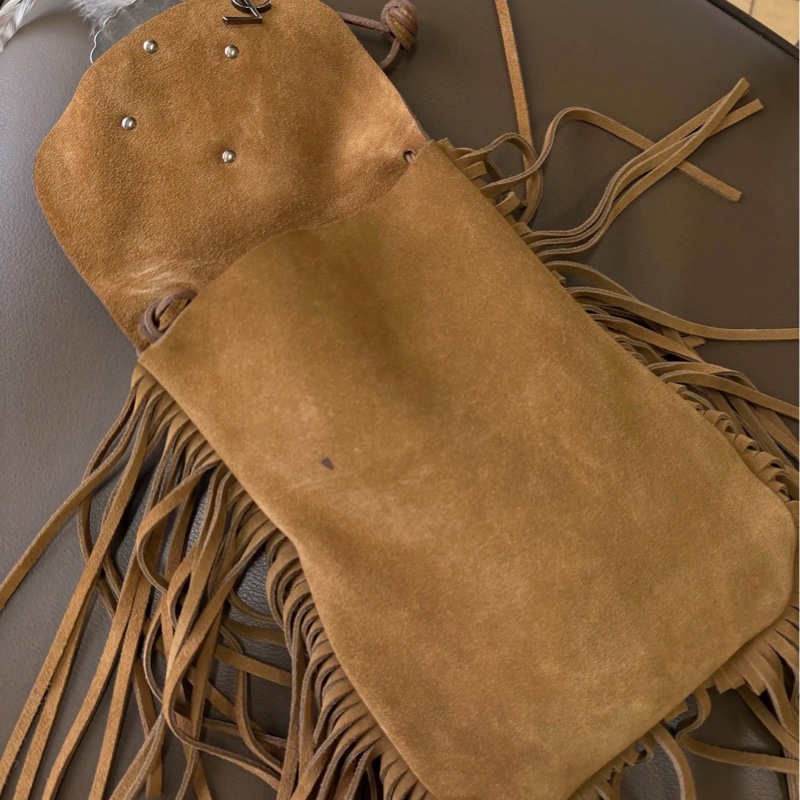 未使用閒置品YSL聖羅蘭 駝色波西米亞柔軟麂皮流蘇斜挎包-4