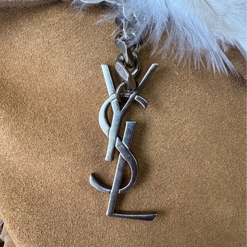 未使用閒置品YSL聖羅蘭 駝色波西米亞柔軟麂皮流蘇斜挎包-6