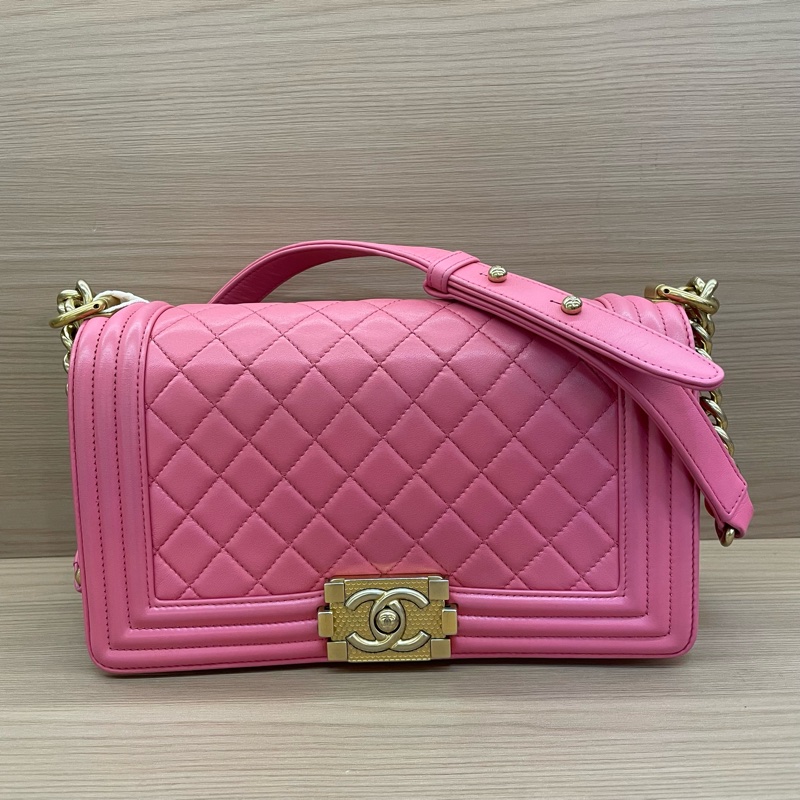 Chanel 香奈儿 leboy 中号 牛皮粉色金扣 單肩斜挎鏈條包 2017年 23開 尺寸底長25*高14*寬8* 有塵袋 無卡無盒子-0