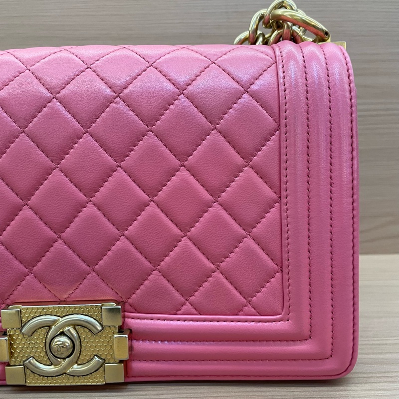 NO:D25 Chanel 香奈儿 leboy 中号 牛皮粉色金扣 單肩斜挎鏈條包 2017年 23開 尺寸底長25*高14*寬8* 有塵袋 無卡無盒子-5