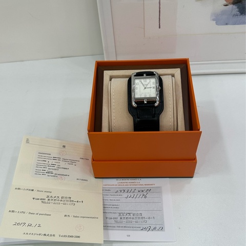 Hermes Cape Cod黑色銀色腕錶手錶 霧面鱷魚皮錶帶 X刻，17年證書