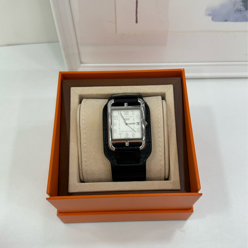 Hermes Cape Cod黑色銀色腕錶手錶 霧面鱷魚皮錶帶 X刻，17年證書-1