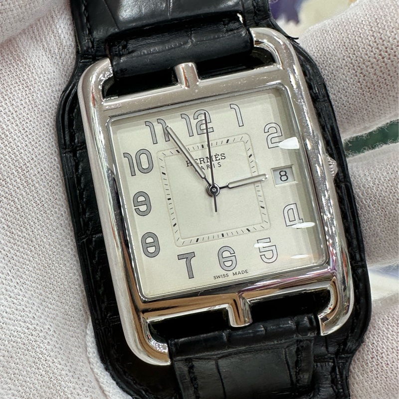 Hermes Cape Cod黑色銀色腕錶手錶 霧面鱷魚皮錶帶 X刻，17年證書-4