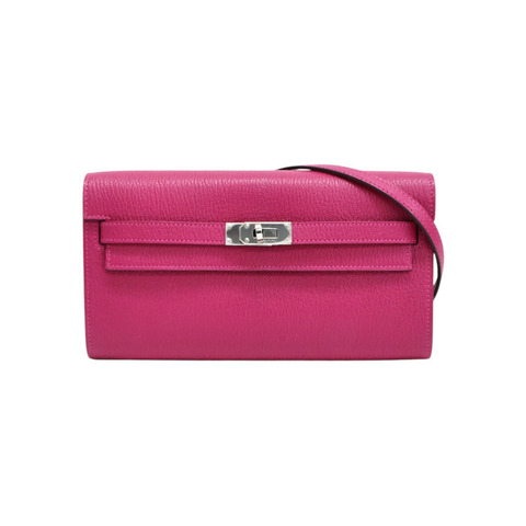 粉紅玫瑰墨西哥色 Chevre山羊皮 Kelly To Go Wallet 肩背包 B刻 銀釦【HERMES 愛馬仕】