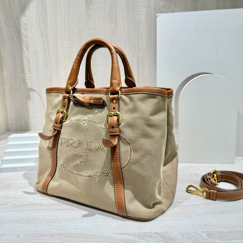 Prada普拉達蝴蝶結logo帆布拼牛皮刺繡帆布托特包-2