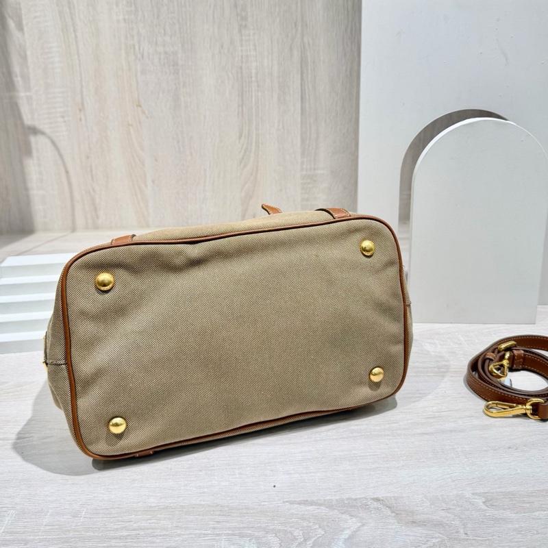 Prada普拉達蝴蝶結logo帆布拼牛皮刺繡帆布托特包-4