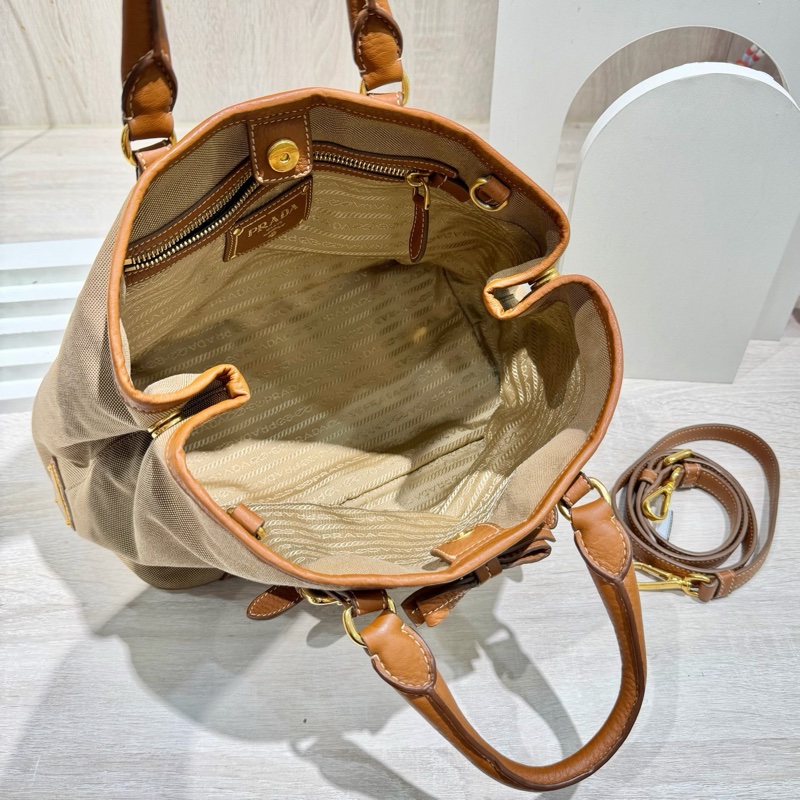 Prada普拉達蝴蝶結logo帆布拼牛皮刺繡帆布托特包-5