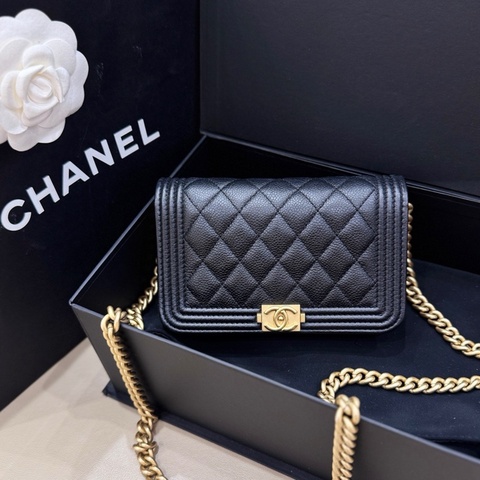 香奈兒CHANEL黑金荔枝紋牛皮leboy WOC鏈條包 28開