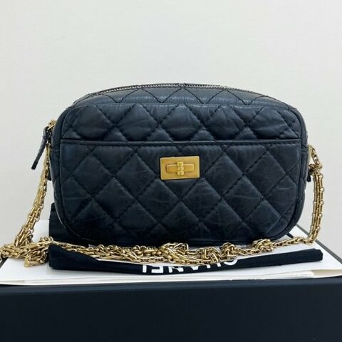 香奈兒/Chanel 2.55 牛皮 黑金相機包鏈條包