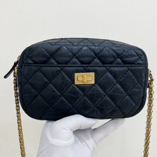 香奈兒/Chanel 2.55 牛皮 黑金相機包鏈條包-6