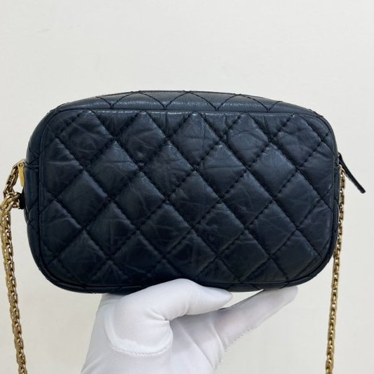 香奈兒/Chanel 2.55 牛皮 黑金相機包鏈條包-7